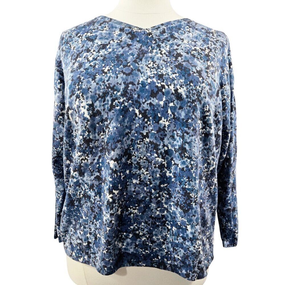 J. Jill Blue Abstract Floral V-Neck Lightweight Drop Shoulder Sweater Romantic